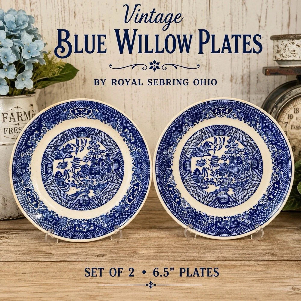 2 Vintage Royal Sebring Ohio Blue Willow 6.5” Plates Blue White China USA